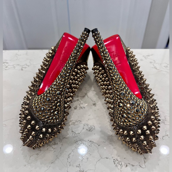 Rare Christian Louboutin Lady Peep Spikes Hematite/Bronze Strass 37.5 - Picture 9 of 15